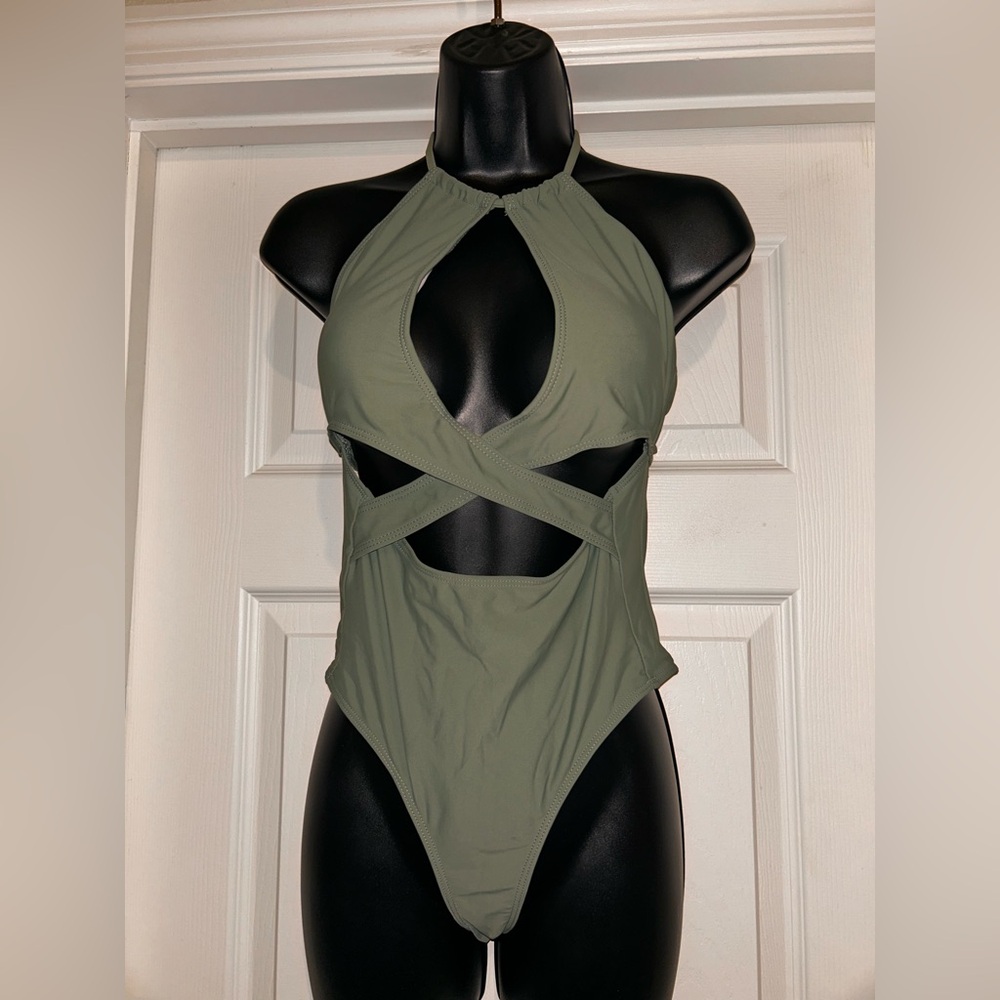 Olive Green Halter Cutout Bodysuit